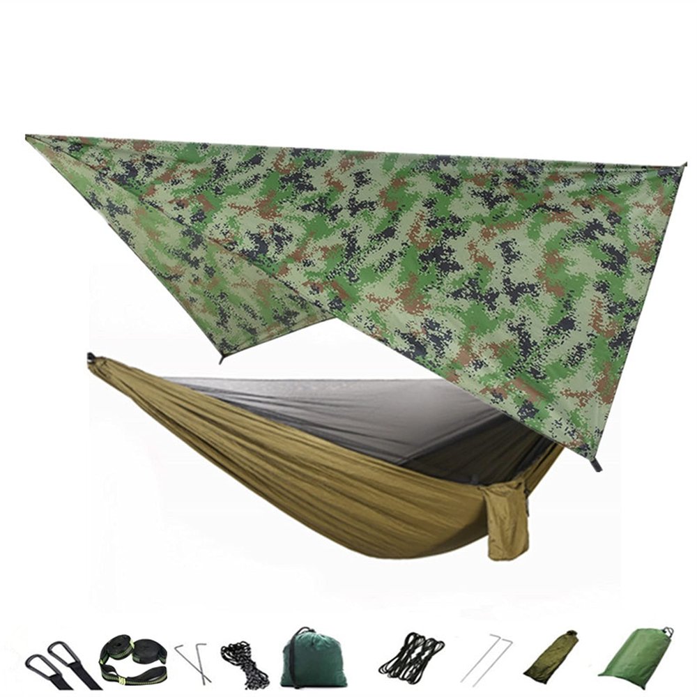KIZQYN Swing Set Camping Hammock, Portable Travel Hammock with Net and Rainfly, Tree Light Hammock Tent for Outdoor Backyard Hiking Swing Seat (Color : Camouflage and Green)