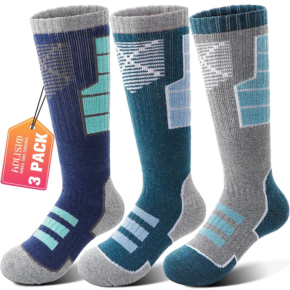 Anlisim Kids Merino Wool Ski Socks for Girls Boys Teen Thermal Winter Warm Thick Hiking Knee High Socks Stocking Stuffers for Skiing Snowboarding (Grey/Dark Blue/Green C, 8-12 Y)
