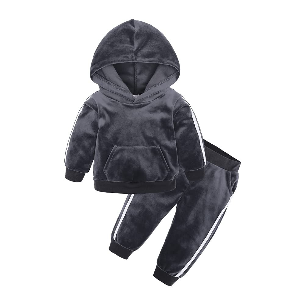 MYGBCPJS Little Girls Boys 2Pcs Hooded Outfits Set Kids Velvet Sweatshirt Pants Child Velour Tracksuits Gray