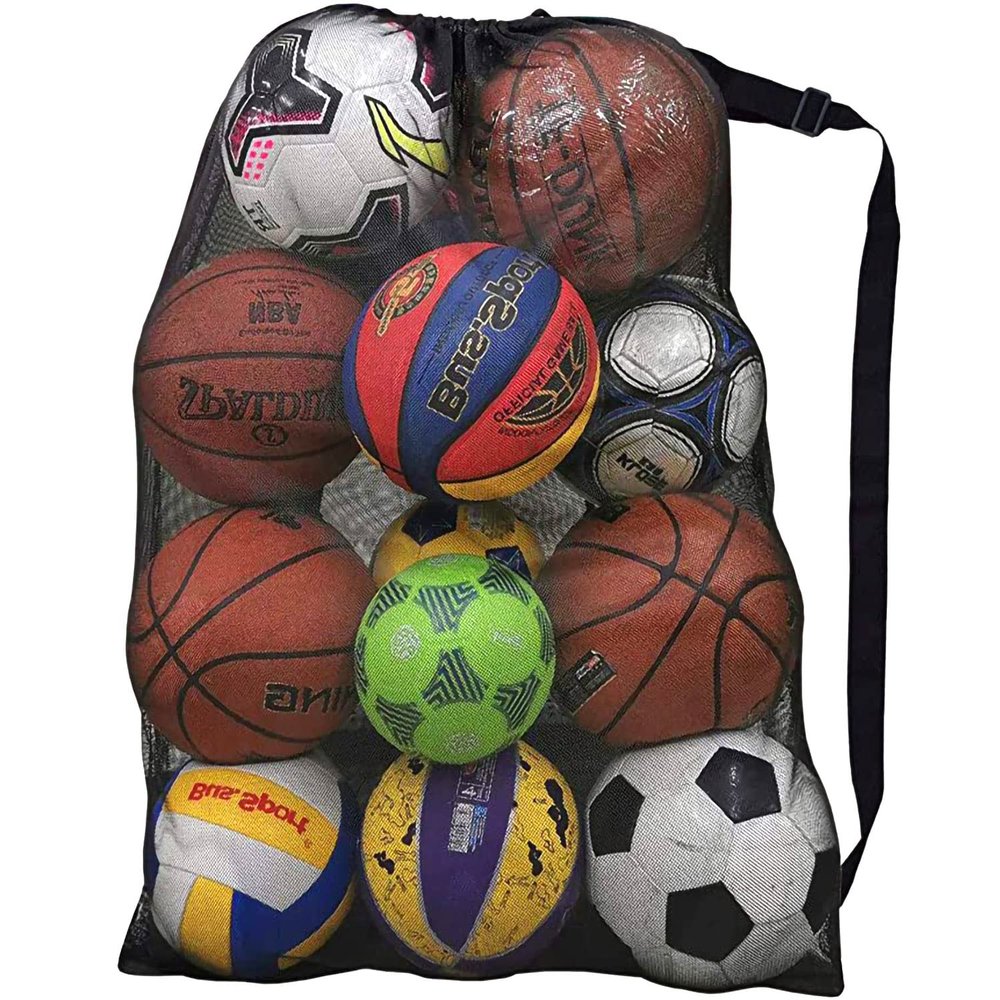 Heavy Duty Sports Ball Bag,Drawstring Mesh Bags Extra Large Soccer Bag Work for Coach, Basketball,Football, Volleyball,BaseBall and Swimming Gears with Adjustable Strap (Black)
