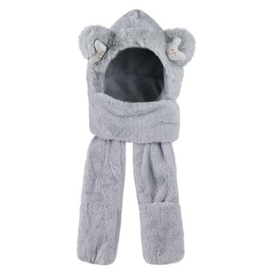 Kid Animal Hooded Scarf Girl Winter Trapper Hat with Earflap 3 in 1 Cute Bear Rabbit Beanie Children Plush Pocket Glove Set