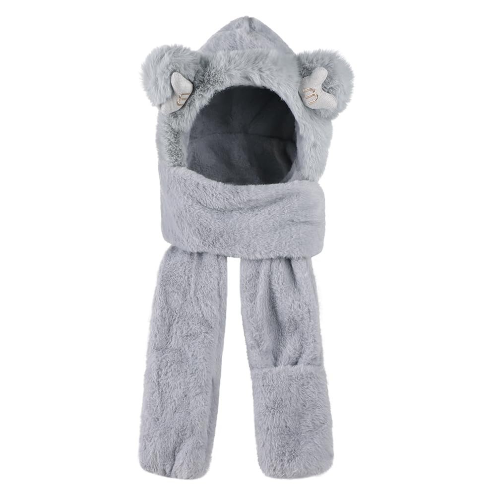 Kid Animal Hooded Scarf Girl Winter Trapper Hat with Earflap 3 in 1 Cute Bear Rabbit Beanie Children Plush Pocket Glove Set