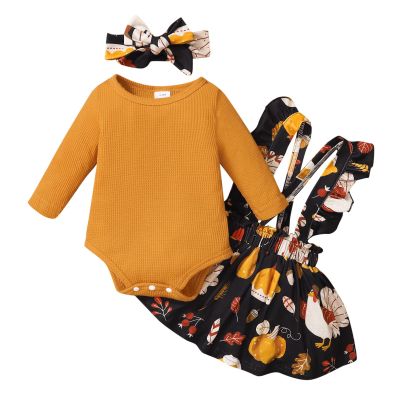 Toddler Kids Girls Infant Thanksgiving Turkey Long Sleeves Romper Skirt Hairband 3pcs Set Baby New (Yellow, 0-3 Months)