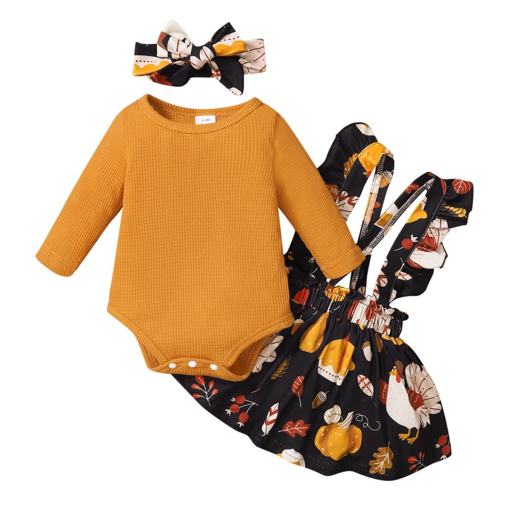 Toddler Kids Girls Infant Thanksgiving Turkey Long Sleeves Romper Skirt Hairband 3pcs Set Baby New (Yellow, 0-3 Months)