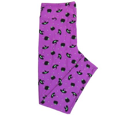 Lularoe Tall Curvy (TC) Halloween Witches Hats Cauldrons Polka Dot Magenta Green Black Yellow Buttery Soft Leggings 7085-A12 fits Adult Women Sizes 12-18