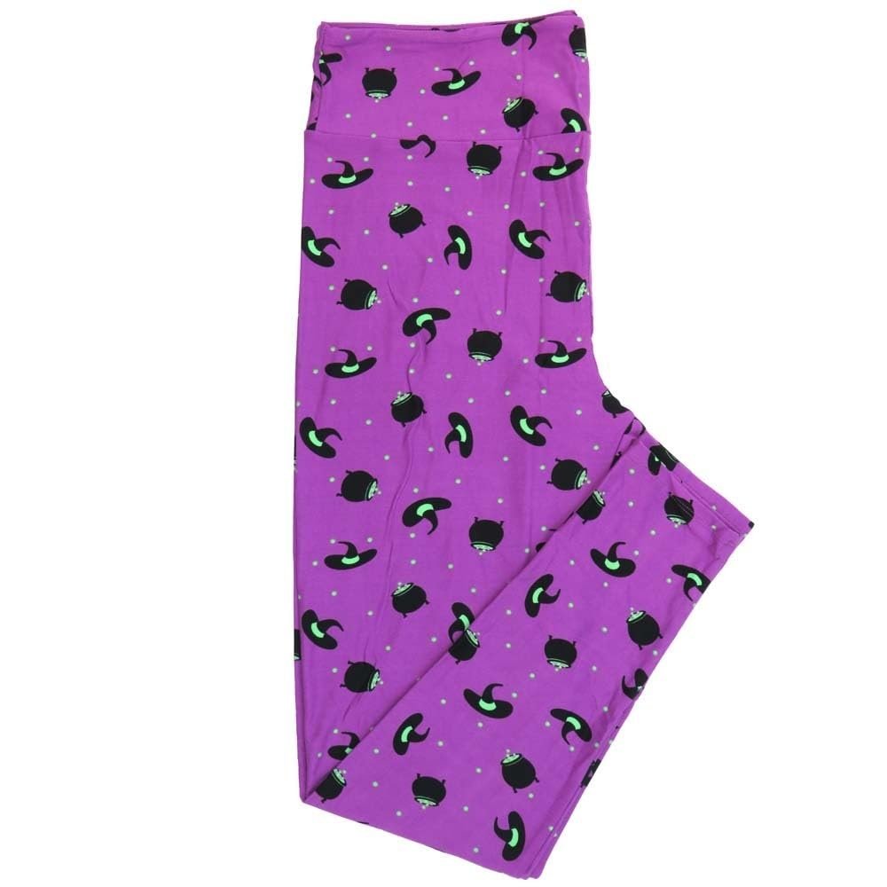 Lularoe Tall Curvy (TC) Halloween Witches Hats Cauldrons Polka Dot Magenta Green Black Yellow Buttery Soft Leggings 7085-A12 fits Adult Women Sizes 12-18