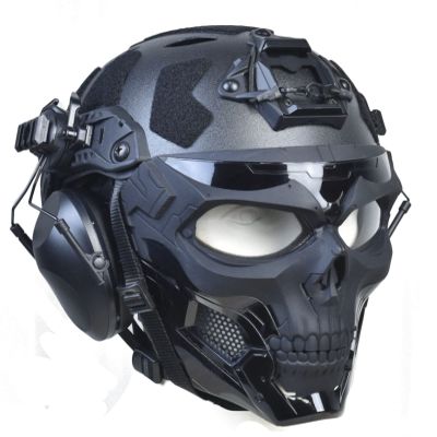 Tactical Full Airsoft Mask & Tactical Helmet with Tactical Headset,Ear Hearing Protection Noise Cancelling,Full Face Skull Mask Clear Goggle Paintball Gear (T-Black Helmet)
