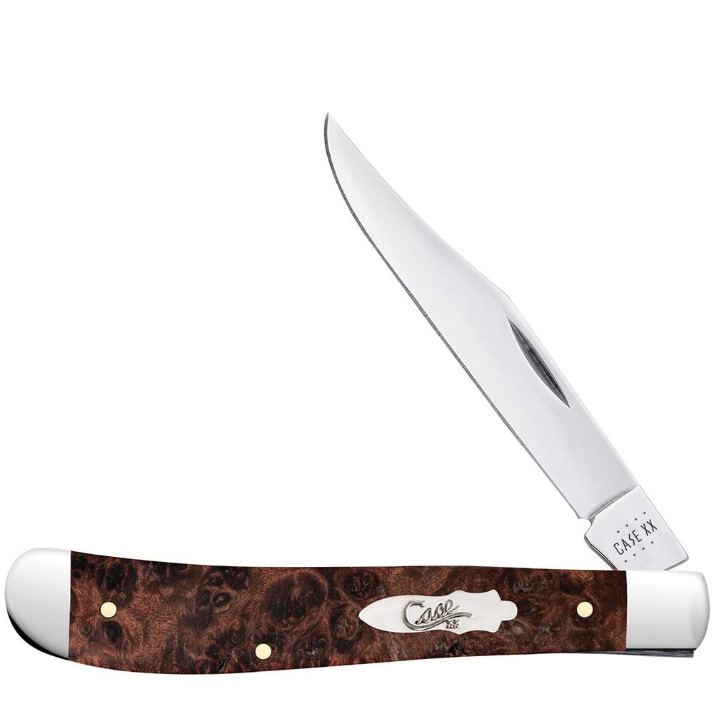 Case XX WR POCKET KNIFE SLIMLINE TRAPPER - BROWN MAPLE BURL WOOD, ITEM 64063, LENGTH CLOSED 4 1/8 INCH (71048 SS)