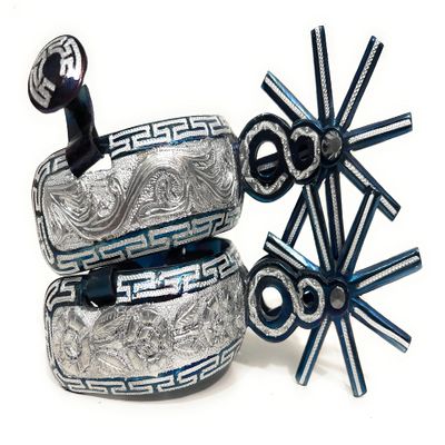 Authentic Mexican Charro Extra Fancy Blue Spurs, Espuelas Charras Azules