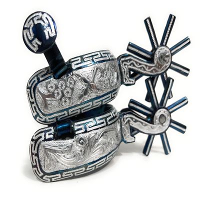 Authentic Mexican Charro Fancy Blue Spurs, Espuelas Finas Charras