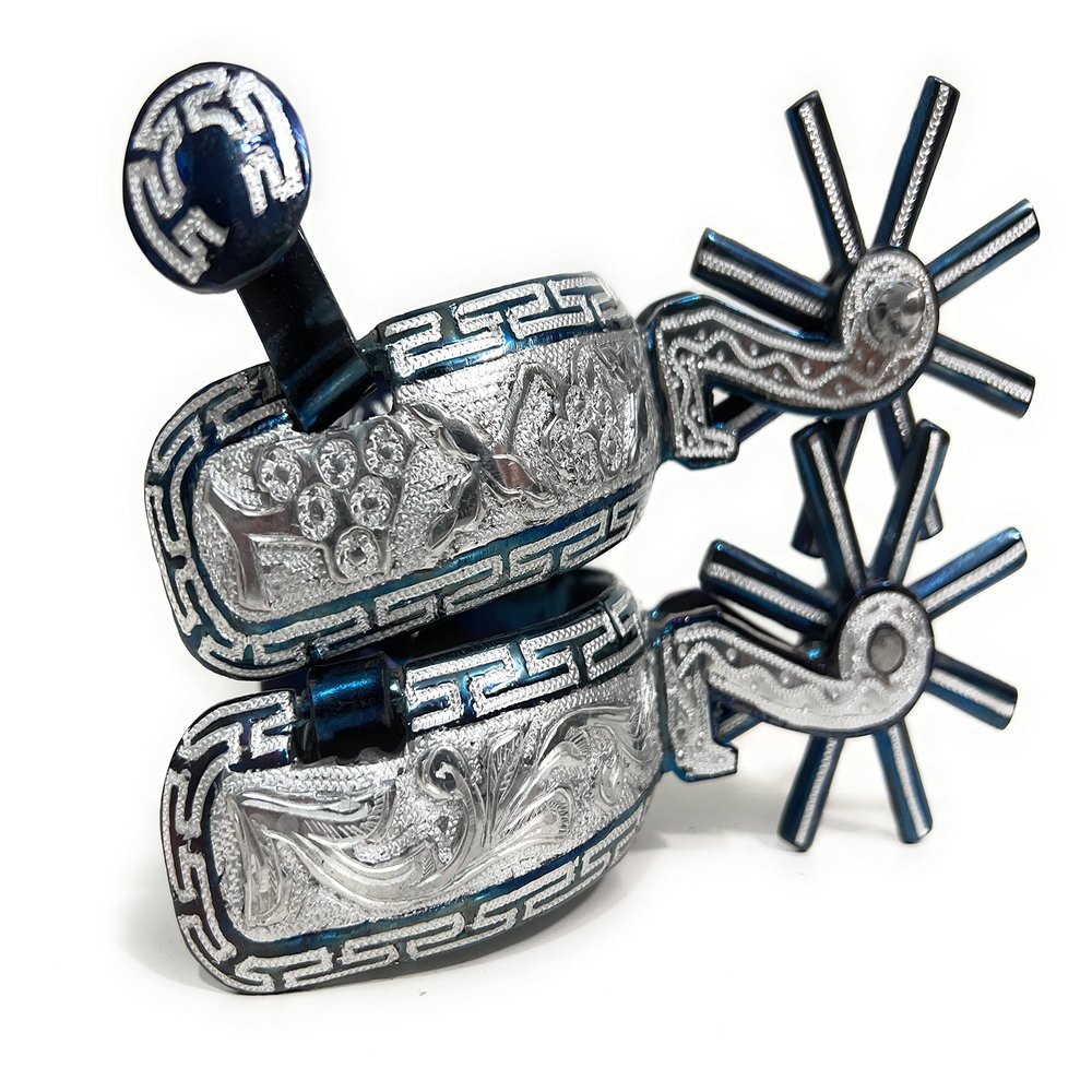 Authentic Mexican Charro Fancy Blue Spurs, Espuelas Finas Charras
