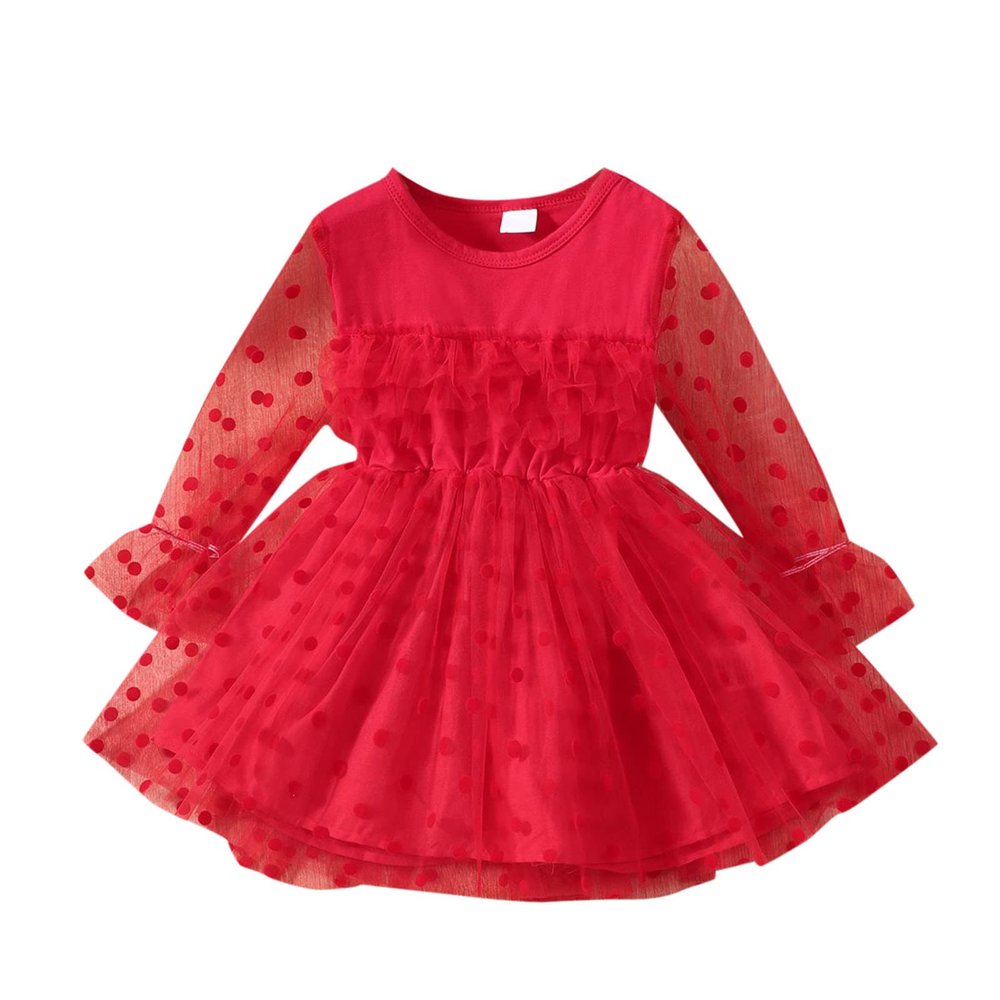Children Kids Toddler Infant Newborn Baby Girls Long Sleeve Solid Polka Dot Tulle Dress Princess Dress (Red, 3-6 Months)