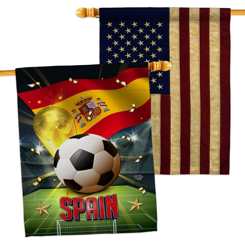 World Cup Spain American Flag Banner Pack Patio Lawn Garden Patriotic Outdoor Decorations Indoor Tapestry Wall Art FIFA Team Qatar Trophy Soccer Game signs Football Gifts Made In USA
