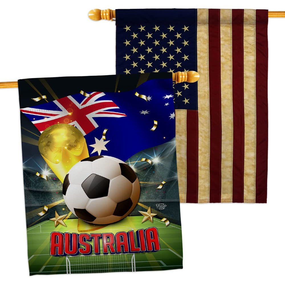 World Cup Australia American Flag Banner Pack Patio Lawn Garden Patriotic Outdoor Decorations Indoor Tapestry Wall Art FIFA Team Qatar Trophy Soccer Game signs Football Gifts Made In USA