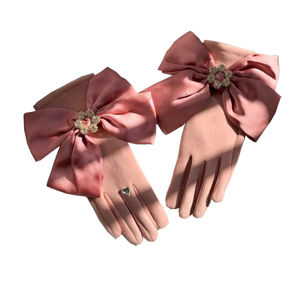 Women Silk Large Butterfly Gloves Rhinestone Buckle Split Finger Gloves Winter Padded Thickening Cycling Mittens Female (Color : Pink, Size : One Size)
