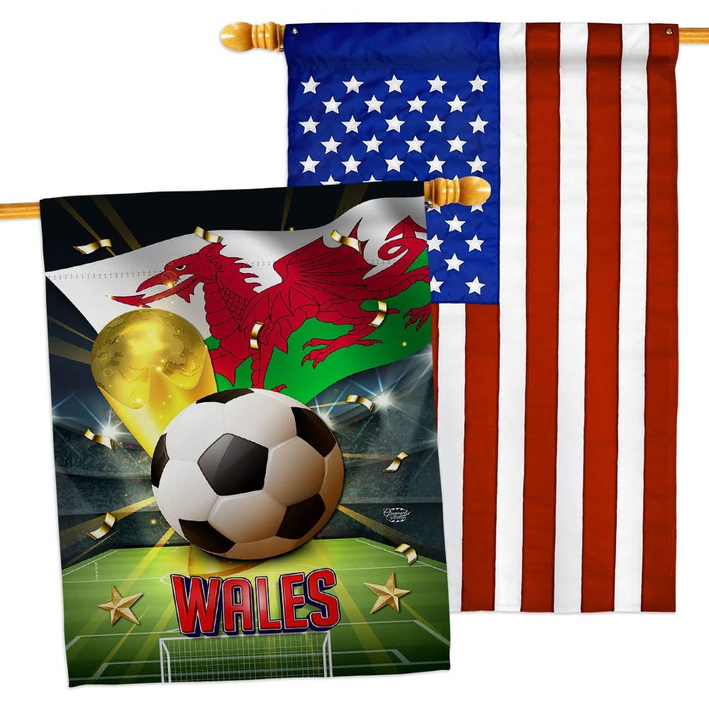 Ornament Collection World Cup Wales American Flag Banner Pack Patio Porch Lawn Garden Room Decorations Outdoor Tapestry Yard Signs Art FIFA Team Qatar Trophy Soccer Game Football Gifts, Made in USA