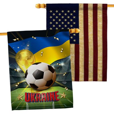 World Cup Ukraine American Flag Banner Pack Patio Lawn Garden Patriotic Outdoor Decorations Indoor Tapestry Wall Art FIFA Team Qatar Trophy Soccer Game signs Football Gifts Made In USA