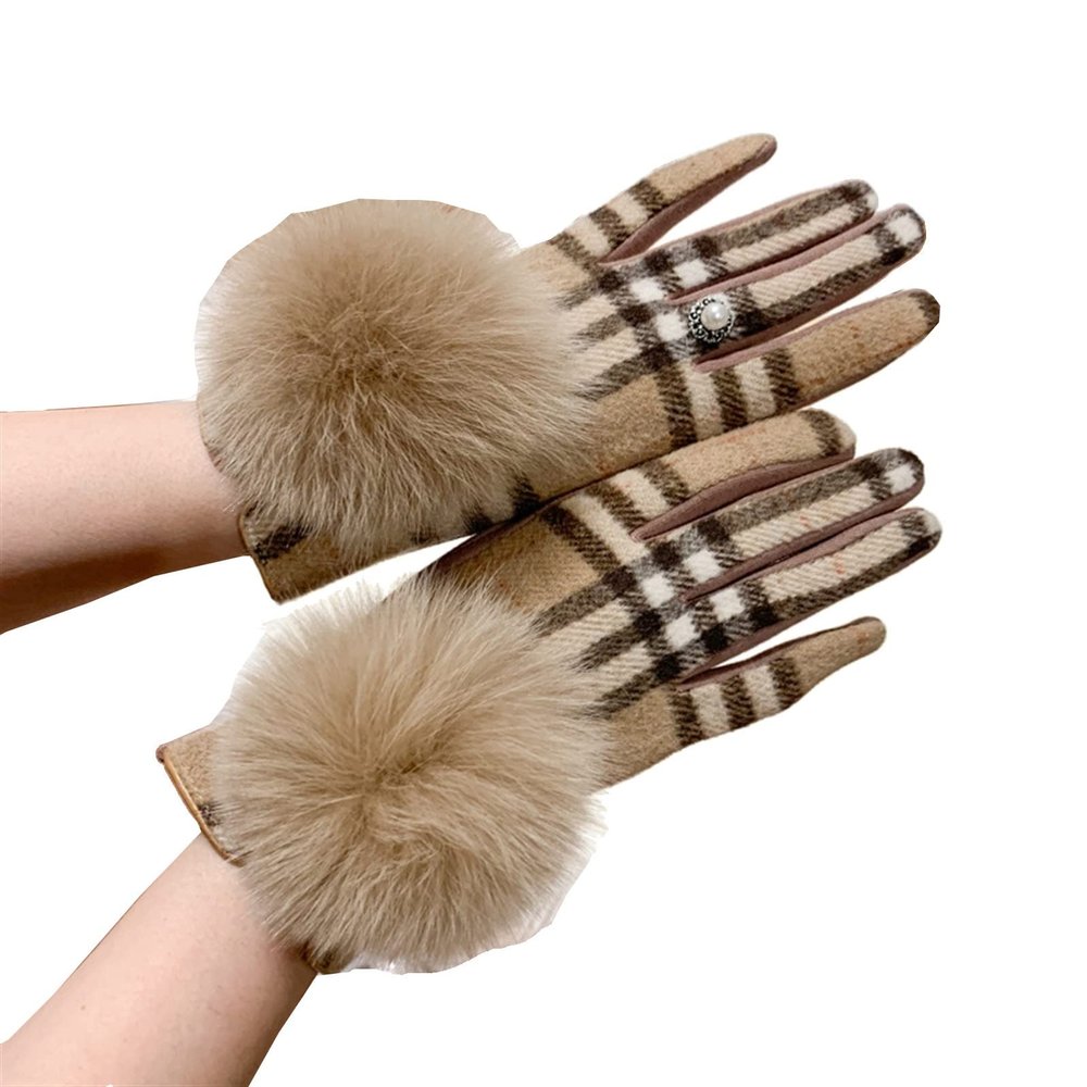 Women's Cashmere Gloves Winter Warm Touch Screen Furry Fox Fur Plaid Wool Driving Glove Female Mittens (Color : Color 6, Gloves Size : One Size)