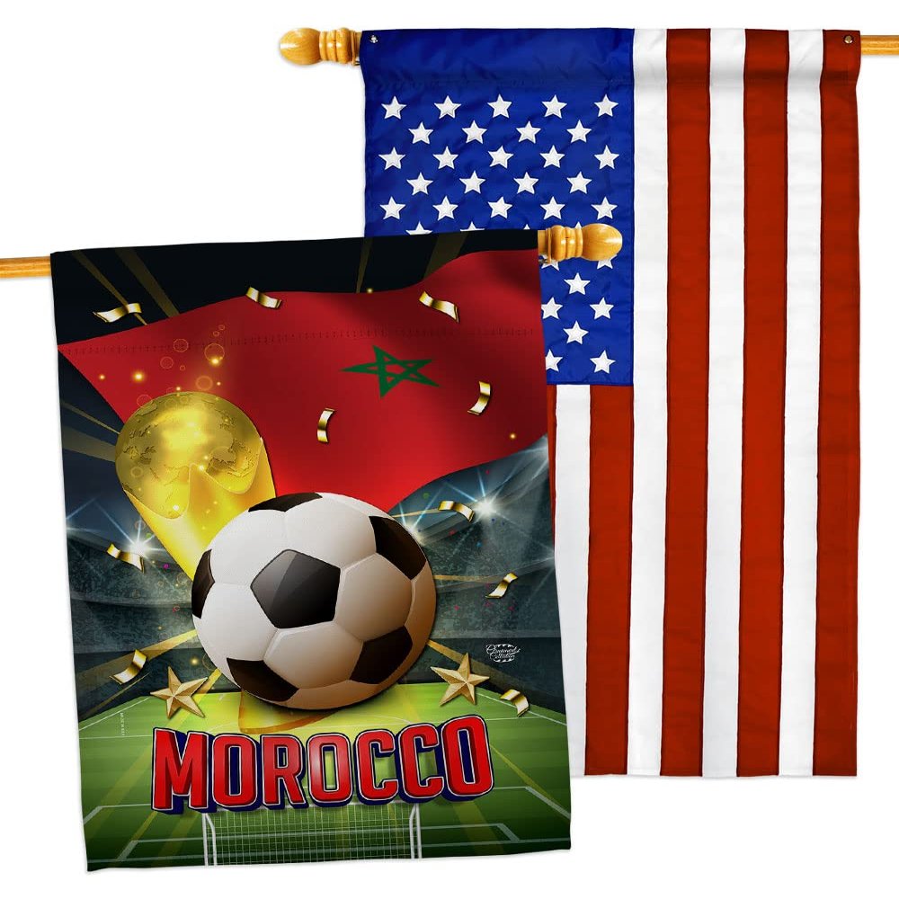 Ornament Collection World Cup Morocco American Flag Banner Pack Patio Porch Lawn Garden Room Decorations Outdoor Tapestry Yard Signs Art FIFA Team Qatar Trophy Soccer Game Football Gifts, Made in USA