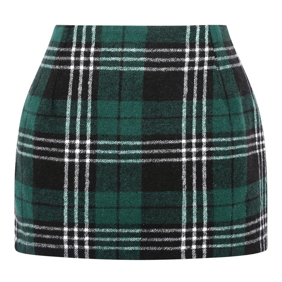 Fall Winter Plaid Mini Skirts for Womens 2022 High Waist Bodycon Wool Pencil Skirts(Green 01, S)