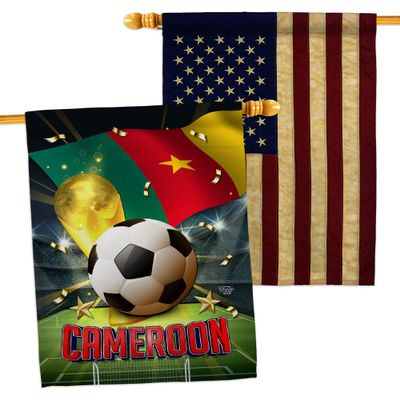 World Cup Cameroon American Flag Banner Pack Patio Lawn Garden Patriotic Outdoor Decorations Indoor Tapestry Wall Art FIFA Team Qatar Trophy Soccer Game signs Football Gifts Made In USA