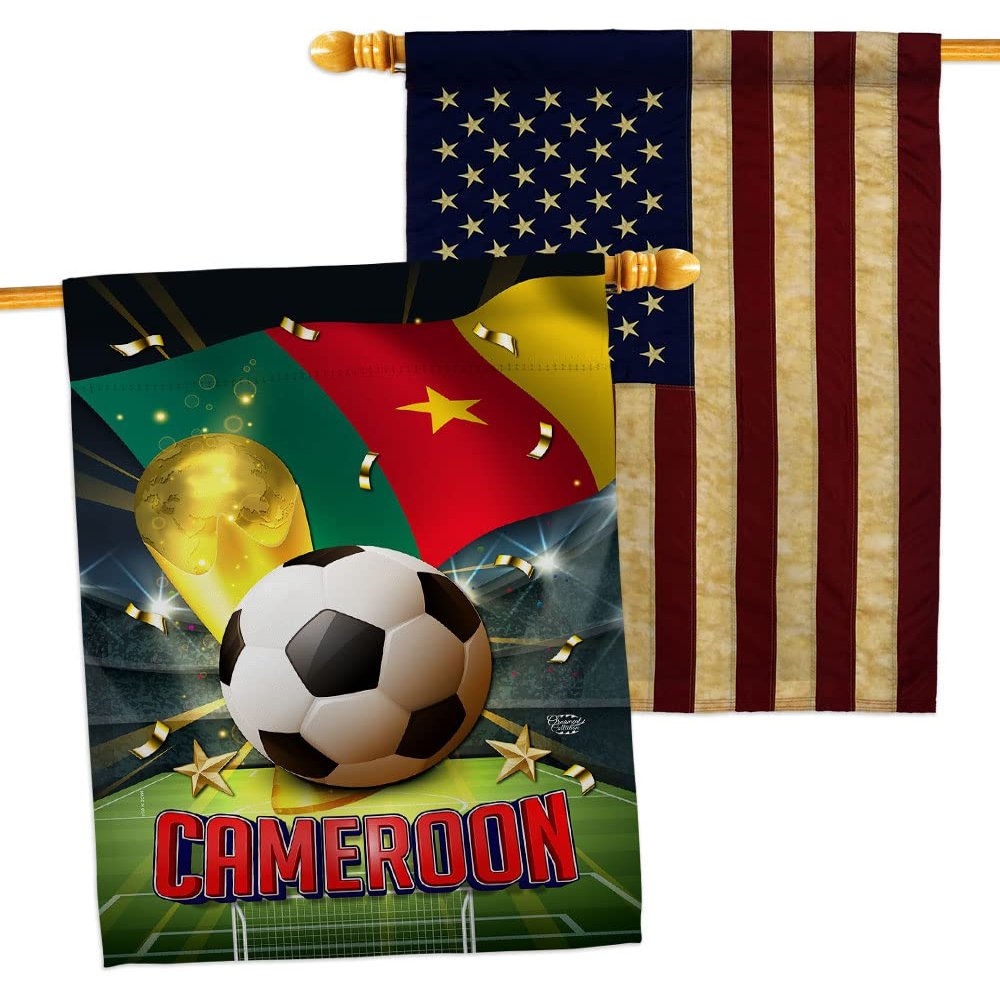 World Cup Cameroon American Flag Banner Pack Patio Lawn Garden Patriotic Outdoor Decorations Indoor Tapestry Wall Art FIFA Team Qatar Trophy Soccer Game signs Football Gifts Made In USA