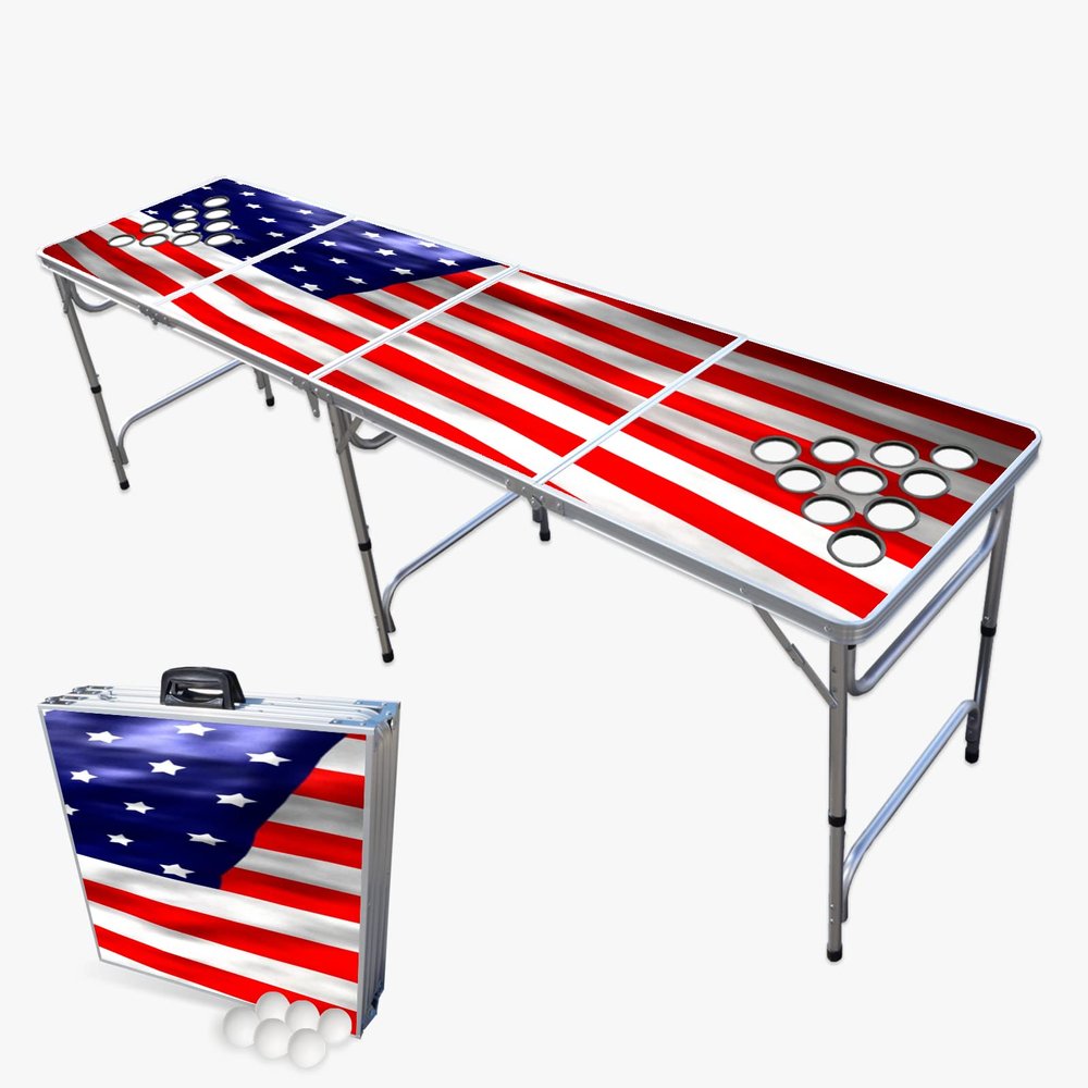 Standard 8-Foot Folding Pong Table w/Cup Holes & Pong Balls - America Edition