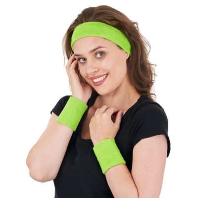 Five (5) Sets Bulk Sweatband Set - Headband and Wristbands Cotton - One Size Fits Most - for Sports and 80's Costume (Neon Green - Pack of 5)