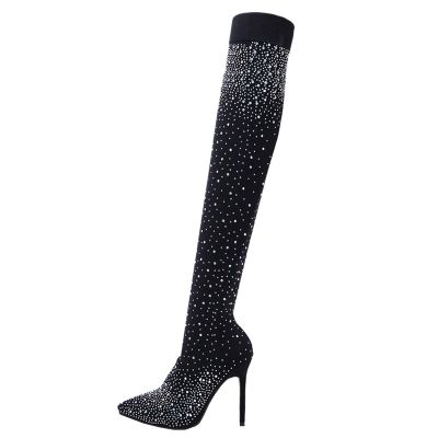 Sparkly Rhinestones Boots for Women 2022 Sexy Pointed Toe Stiletto High Heels over the Knee Boots Stretch Comfy Thigh High Boots Casual Shoes