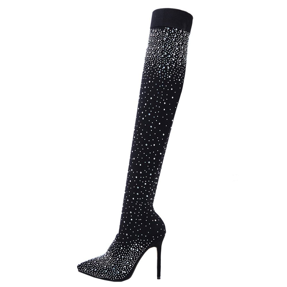 Sparkly Rhinestones Boots for Women 2022 Sexy Pointed Toe Stiletto High Heels over the Knee Boots Stretch Comfy Thigh High Boots Casual Shoes