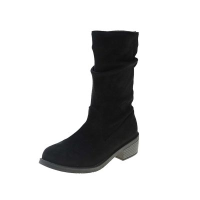 Suede Boots for Women Mid Calf Fashion Chunky Heel Round Toe Pleated Slip on Block Low Heel Boots 2022 Fall Winter Solid Casual Comfy Ladies Shoes