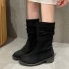 Suede Boots for Women Mid Calf Fashion Chunky Heel Round Toe Pleated Slip on Block Low Heel Boots 2022 Fall Winter Solid Casual Comfy Ladies Shoes view 2