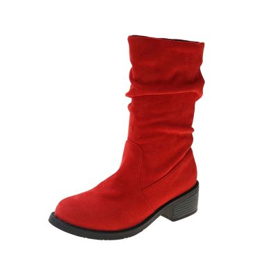 Suede Boots for Women Mid Calf Fashion Chunky Heel Round Toe Pleated Slip on Block Low Heel Boots 2022 Fall Winter Solid Casual Comfy Ladies Shoes