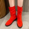 Suede Boots for Women Mid Calf Fashion Chunky Heel Round Toe Pleated Slip on Block Low Heel Boots 2022 Fall Winter Solid Casual Comfy Ladies Shoes view 2