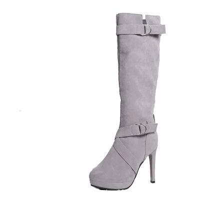 oiangi Women Stiletto Mid Calf Boots 2022 Winter Fashion Suede Round Toe Cross Belt Buckle Platform Thin High Heel Boots Solid Zipper Ladies Casual Shoes