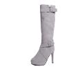 oiangi Women Stiletto Mid Calf Boots 2022 Winter Fashion Suede Round Toe Cross Belt Buckle Platform Thin High Heel Boots Solid Zipper Ladies Casual Shoes view 1