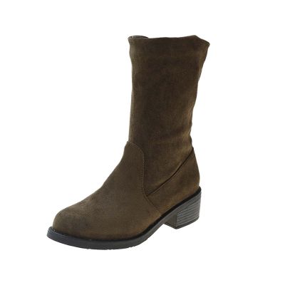 Suede Boots for Women Mid Calf Fashion Chunky Heel Round Toe Pleated Slip on Block Low Heel Boots 2022 Fall Winter Solid Casual Comfy Ladies Shoes