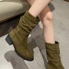 Suede Boots for Women Mid Calf Fashion Chunky Heel Round Toe Pleated Slip on Block Low Heel Boots 2022 Fall Winter Solid Casual Comfy Ladies Shoes view 3