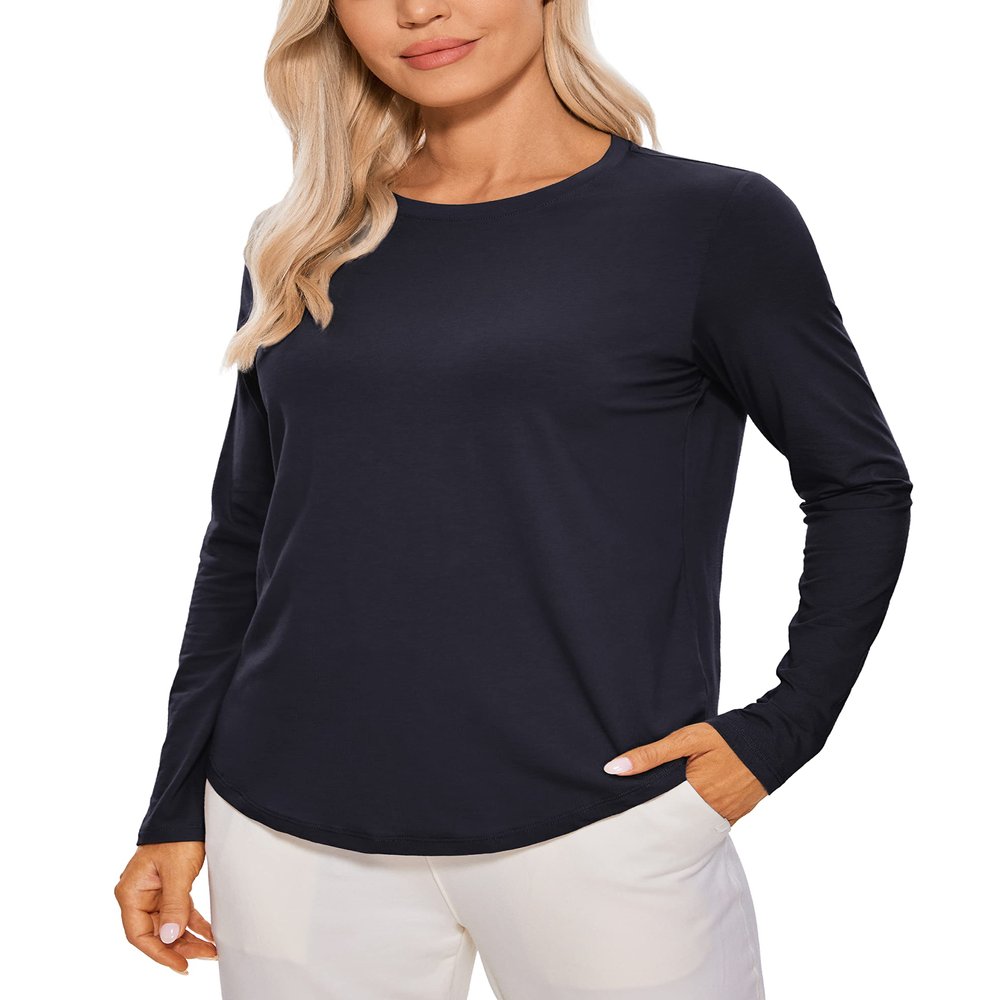 CRZ YOGA Pima Cotton Crewneck Long Sleeve Shirts for Women - Workout Athletic Yoga Casual Tops Soft Plain T-Shirt Navy X-Small