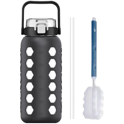 MUKOKO Half Gallon/64 oz Glass Water Bottles with Straw and Lid,Motivational Water Jug with Time Marker Reminder and Silicone Sleeve,100% Leakproof BPA Free Fitness Sports Large Bottle-Grey
