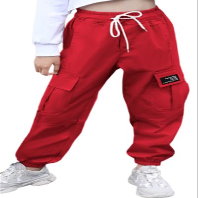 SANGTREE Girl's Cargo Pants, Elastic Waist Drawstring Multi Pockets Loose Tapered Cargo Jogger Pants for Girl, Red, 6-7 Years Little Kid = Tag 130