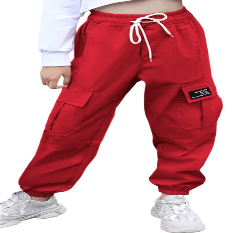 SANGTREE Girl's Cargo Pants, Elastic Waist Drawstring Multi Pockets Loose Tapered Cargo Jogger Pants for Girl, Red, 6-7 Years Little Kid = Tag 130