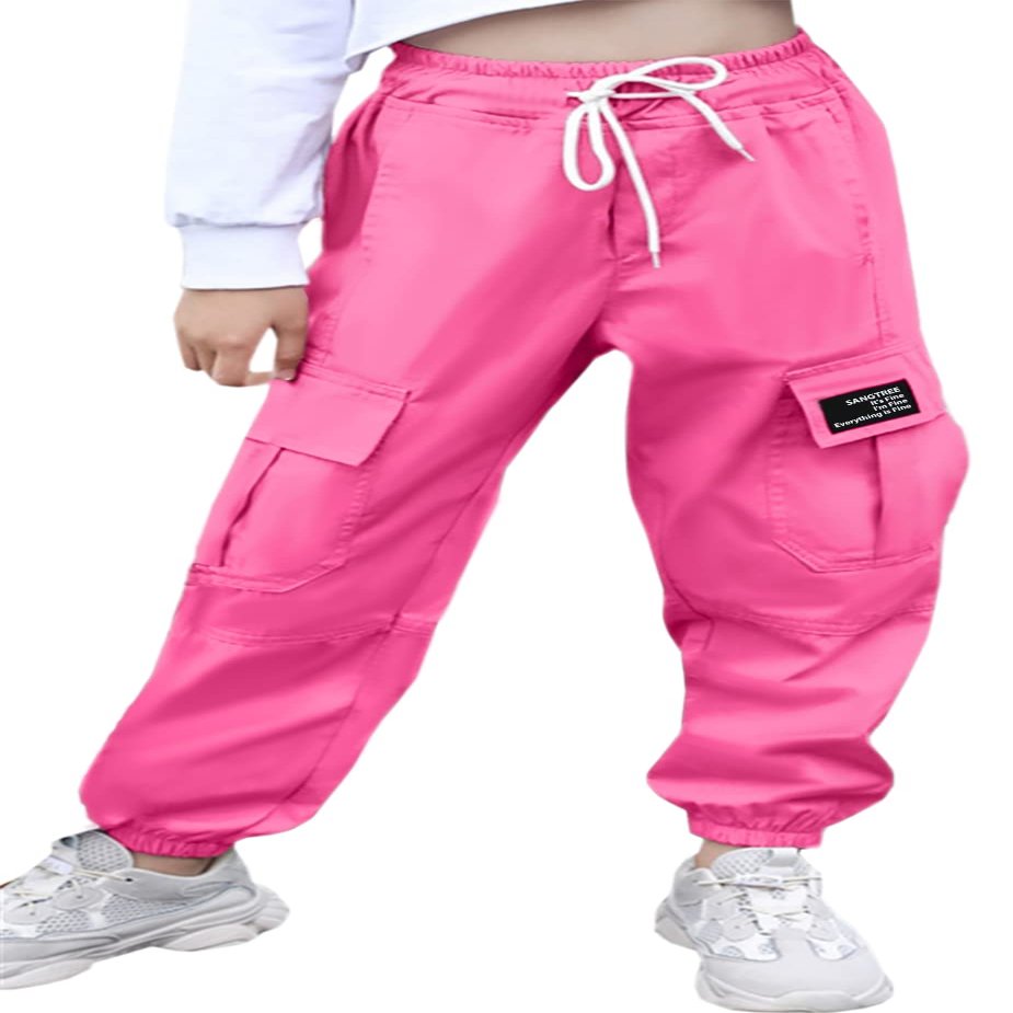 SANGTREE Girl's Cargo Pants, Elastic Waist Drawstring Loose Tapered Multi Pockets Cargo Jogger Pants for Girl, Rose Red,13-14 Years Big Kid = Tag 170