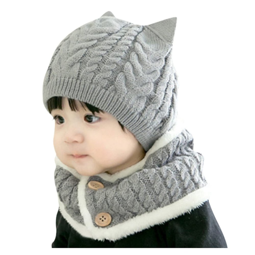 Crochet Earflap Hats Infant Baby Boy Girl Winter Hat Cat Beanie Hat with Scarf Fleece Lined Knitted Cap 0-2years Grey