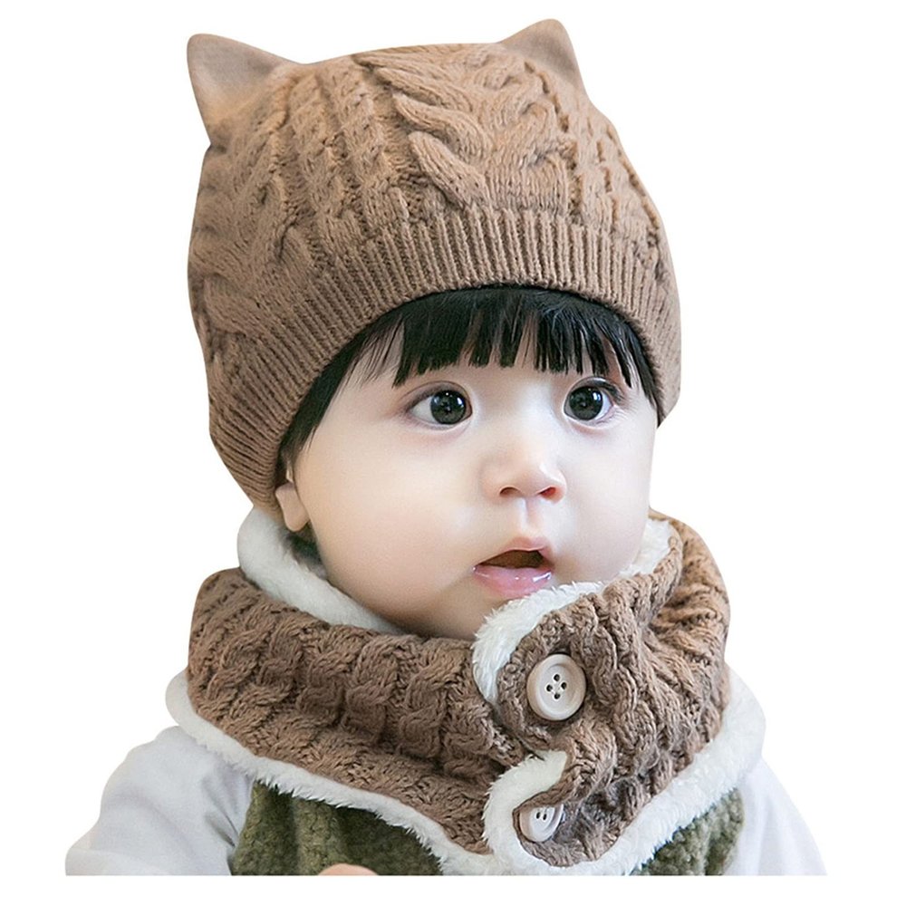 Crochet Earflap Hats Infant Baby Boy Girl Winter Hat Cat Beanie Hat with Scarf Fleece Lined Knitted Cap 0-2years Coffee