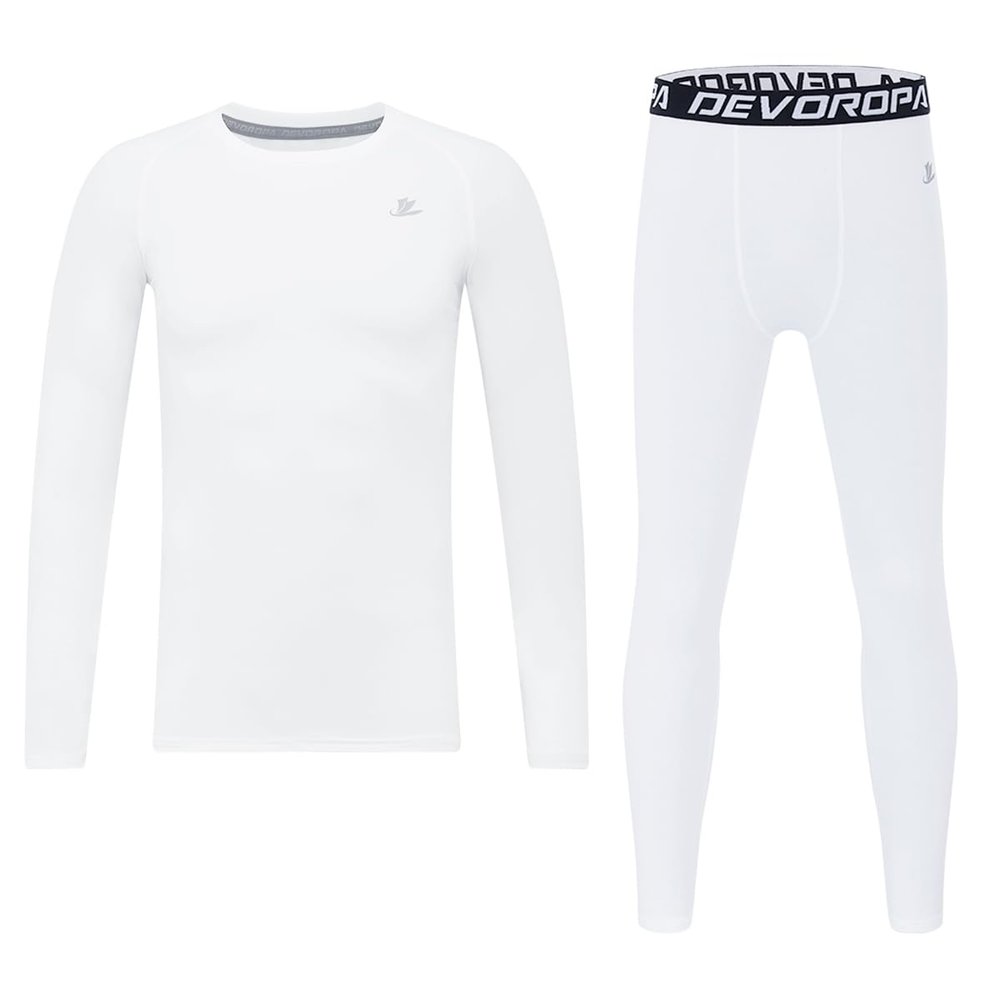 DEVOROPA Youth Boys Compression Thermal Shirt Long Sleeve Kids Fleece Baselayer Soccer Baseball Undershirt White XS