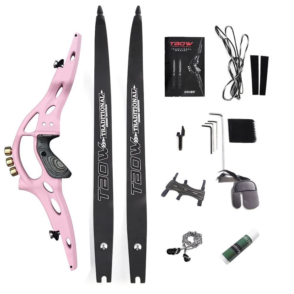 62 Takedown ILF Recurve Bow 30-60 Lbs Archery American Hunting Bow with Gordon Limbs for Adult Competition Athletic Bow Right Hand Archery Recurve Bow Accessory Set (50 Lbs, Pink)