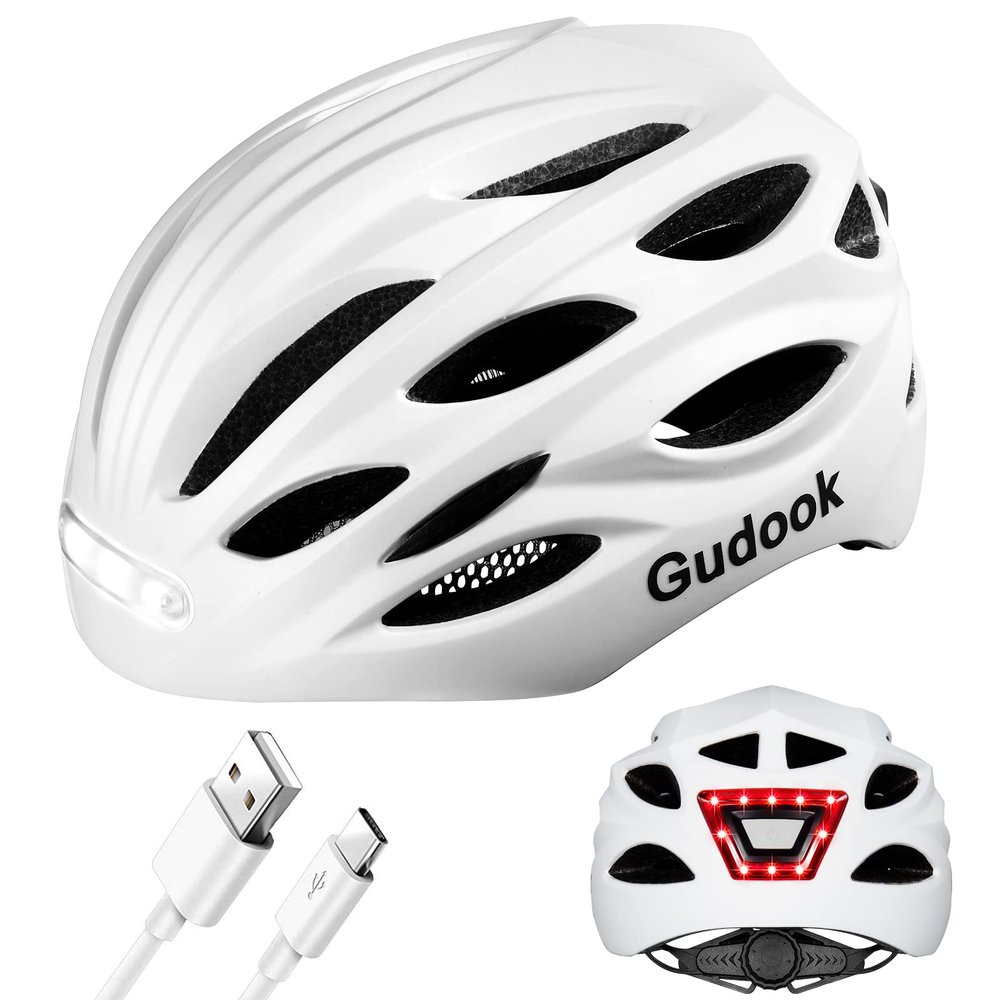 Gudook Bike Helmet Adult Helmets for Men/Women: with USB Rechargeable Front and Rear LED Light for Cycling Urban Commuter Casco para Bicicleta Lightweight Bicycle Helmet (Matte White, Large)