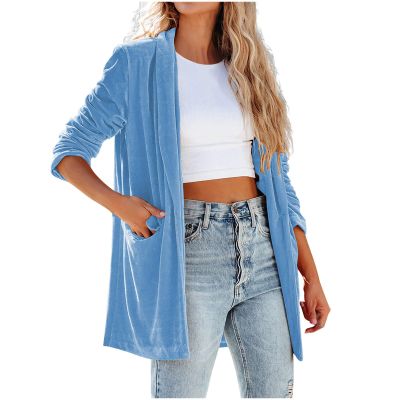 Womens Velvet Blazer Cozy Lightweight Outerwear Retro Buttons Long Sleeve Pokets Jacket Cardigan Coat Office Blazers
