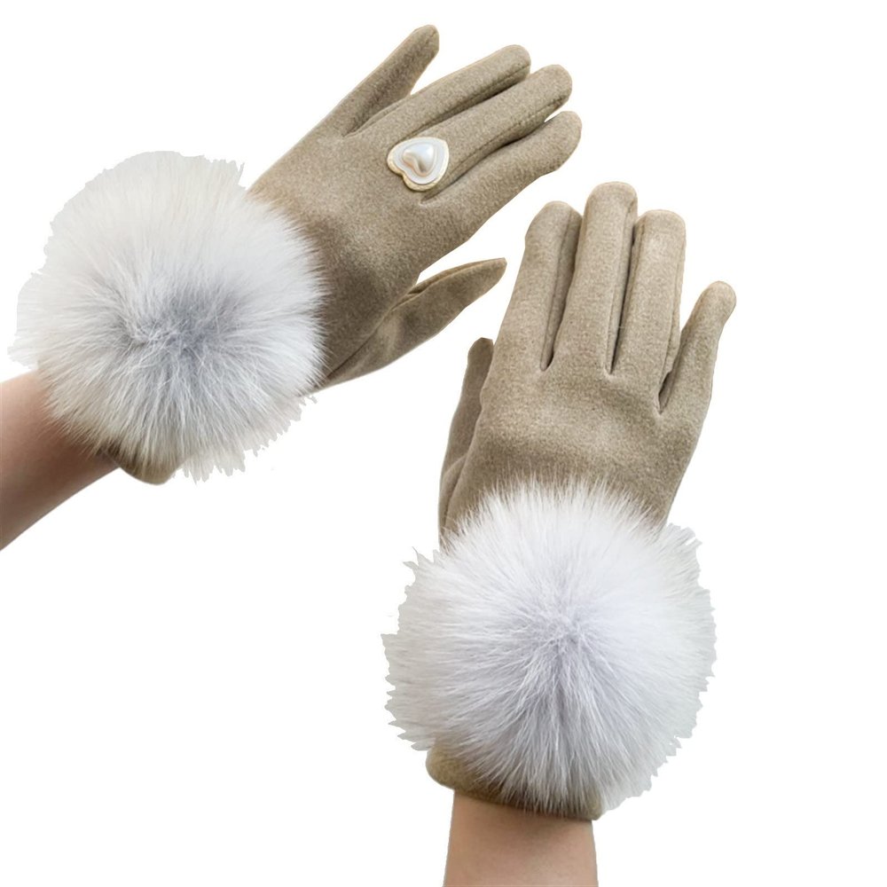 Women's Touch Screen Gloves Love Ring Autumn and Winter Warm Driving Glove Ladies Full-Finger Fox Fur Ball Mittens (Color : Khaki, Size : One Size)
